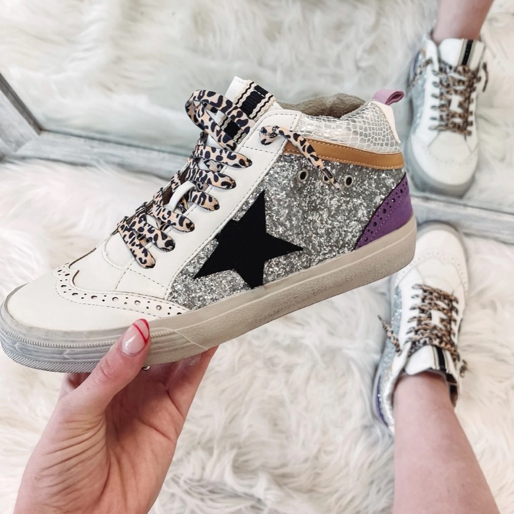 Golden Goode Dupe- Shu Shop Silver Sparkle Mid Top Sneakers